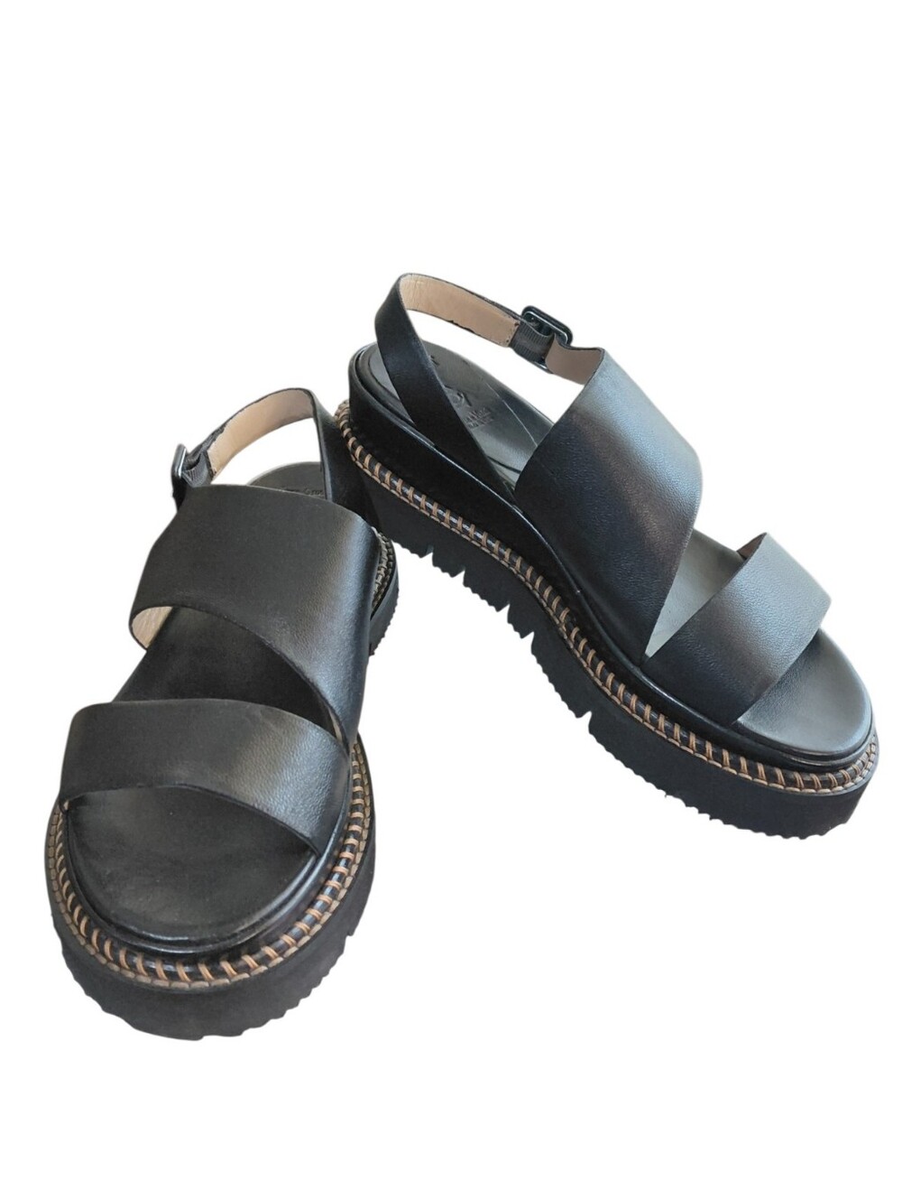 Women's Black Platform Slingback Sandals with Chunky Lug Sole Size 7-8